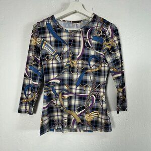 J. McLaughlin Womens Horsebit Equestrian Knit 3/4 Sleeve Top XS Blue Stretch